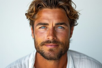 Obraz premium A Closeup Portrait of a Handsome European Man with Clean Teeth and Fresh, Stylish, Wind-Blown Blond Hair, Perfect for a Dental Advertisement, Exuding Confidence and a Salon-Inspired, Generative AI