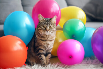 Fototapeta na wymiar Cat sits among the festive decorations. Kitten among balloons. Generative AI