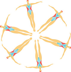 Six female synchronized swimmers in artistic formation. Athletic women performing water ballet. Synchronized swimming team performing routine vector illustration.