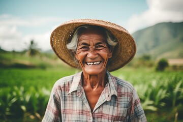 Portrait of a Elderly Woman Farmer in Front of a Farm Background - obrazy, fototapety, plakaty