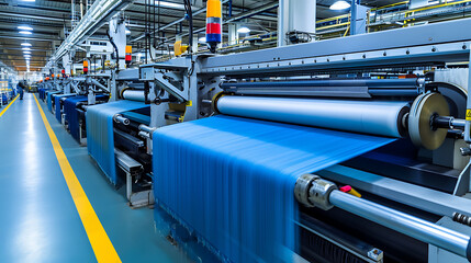 Uma moderna instalação de fabricação têxtil com teares e maquinaria automatizados demonstrando os avanços tecnológicos na indústria têxtil