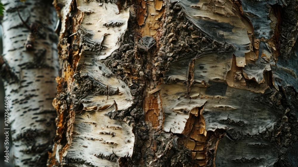 Poster a close up of a tree trunk with a bird perched on top of the tree trunk and another tree in the back