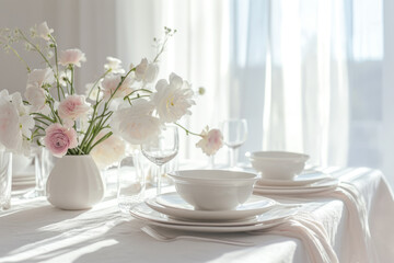 White indoor dining table day lunch table setup with shades of pink. Generative AI