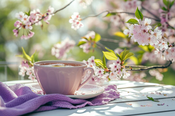 Lavender cup of tea with cherry blossom flowers in the background. Generative AI