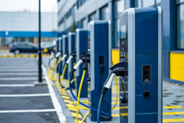 Modern fast chargers for charging electric vehicles at the parking. Generative AI