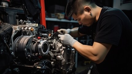 The proficient Asian master, with focused hands, diligently tends to car engine repairs in the foreground of a light-colored car service
