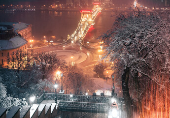 Famous Chain Bridge in snowfall, Budapest, Hungary