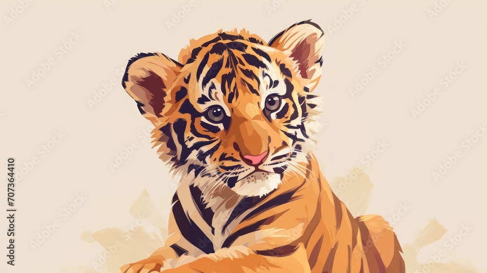 Poster a close up of a tiger laying down on the ground with it's head turned to the side and it's face slig