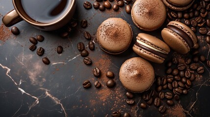 Dark and brown macarons, coffee powder on them, coffee smooth cream, on a dark marble table, coffee beans and a cup of coffee beside