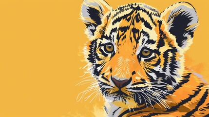  a close up of a tiger's face on a yellow background with a black and white stripe on the front of the tiger's head and a black and white stripe on the back of the neck.