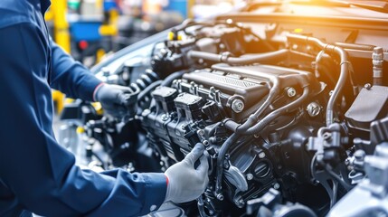 The adept auto repair master demonstrates expertise and commitment as they meticulously repair a car engine at the forefront of the auto service, ensuring top-notch automotive maintenance.