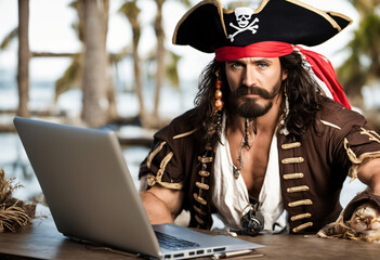 Man wearing a pirate custome, with a computer, generative AI