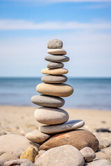 Fototapeta na wymiar Stack of round smooth stones on a seashore. Mental health and meditation concept
