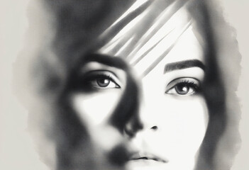 Fototapeta premium sketch face silhouette woman eyes looking at camera aside on white background copy space for your conceptual text advertisement. Image digitally altered (IA) digital effects