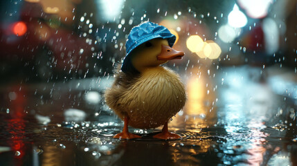  a rubber duck with a blue hat on it's head is standing in the rain on a city street with a blurry background of buildings and street lights.