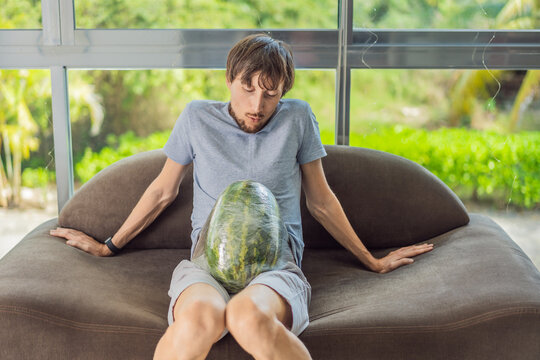 A humorous image: a pregnant woman and her husband playfully use a watermelon in place of a belly, comically highlighting the challenges of navigating with a pregnant bump