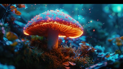 a close up of a mushroom on the ground with a blurry image of the mushroom on the ground and the mushroom on the ground with a blurry image of the mushroom on the ground. - obrazy, fototapety, plakaty