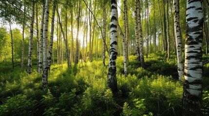 Obraz premium a forest filled with lots of tall trees and lush green grass under a bright sun shining down on the tops of the trunks of the trunks of the trunks of the trees.
