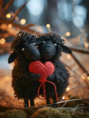 Two knitted  black sheeps hugging and holding red heart made of wool, Saint Valentine Day theme, Love Couples Goals concept, AI-generated concept	
