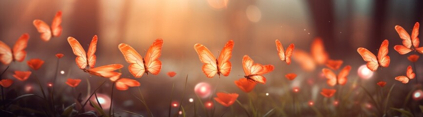 orange butterflies on blurred spring background. Generative AI