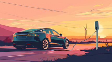 Fototapeta na wymiar a blue car is plugged in to a charger on the side of the road with a sunset in the back ground and a pink sky in the background.
