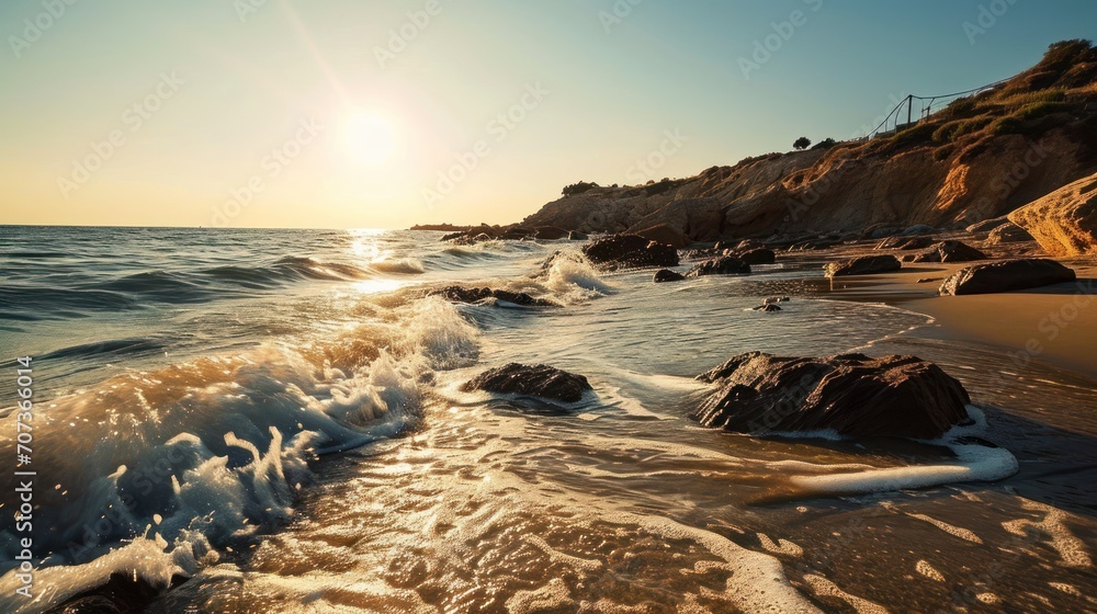 Poster the sun is setting over the ocean with waves crashing on the shore and rocks in the foreground and a