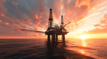 Uma vista panorâmica de uma plataforma de petróleo marítima contra um pôr do sol pitoresco mostrando a infraestrutura complexa envolvida na exploração de petróleo no mar - obrazy, fototapety, plakaty