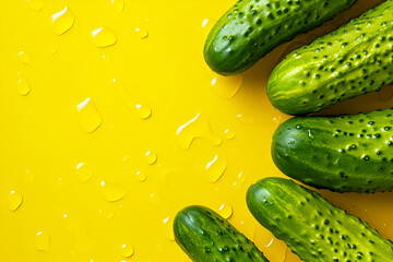 Fresh cucumbers with water drops on vibrant yellow background, copy space. Dewy cucumbers on bright background. Crisp green cucumbers with water drops - Powered by Adobe