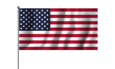 A realistic waving flag of the United States is placed on a metal tripod. The current state flag of the United States of America on a white background. Vector Eps 10