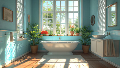 Interior of a beautiful tropical style bathroom with a bathtub and sink under a large window.