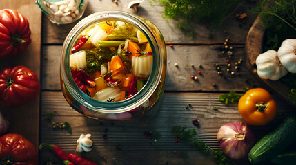 Obraz na płótnie Canvas Pickled vegetables medley in jar on wooden table surrounded with fresh vegetables. Assorted pickles in rustic ambiance, fermented food concept. Jar of colorful fermented veggies