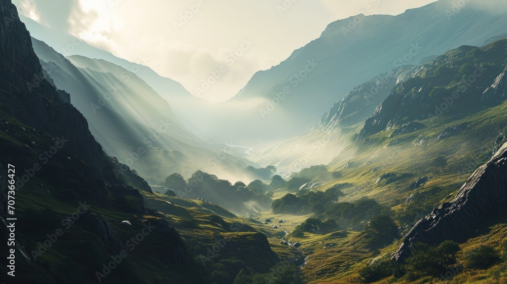 Poster a view of a valley with mountains in the background and a foggy sky in the middle of the valley, wit
