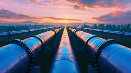 Uma visão panorâmica da construção de oleodutos e gasodutos destacando a extensa rede e infraestrutura envolvidas no transporte de energia