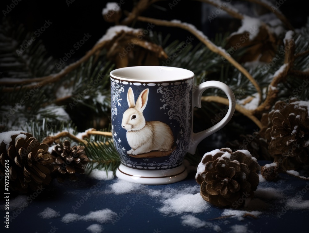 Poster a coffee cup with a picture of a white rabbit on it next to pine cones and a branch of a pine tree w
