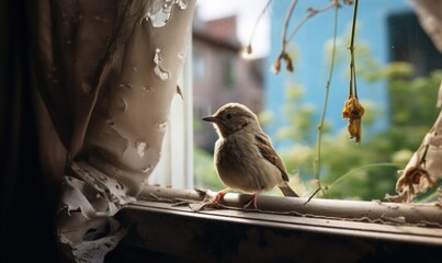 looking througth the window and see flying little sparrow 8k uhd photography sony alpha a7r iv 18...