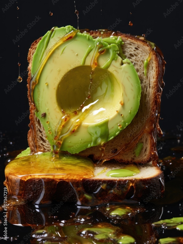 Poster a piece of bread with an avocado cut in half sitting on top of a table next to a puddle of liquid an