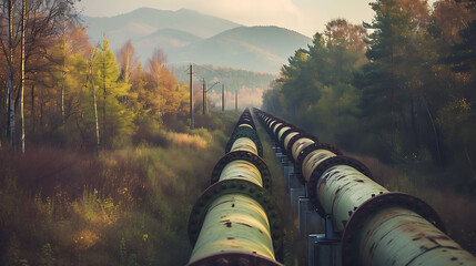Uma visão panorâmica da construção de oleodutos e gasodutos destacando a extensa rede e infraestrutura envolvidas no transporte de energia - obrazy, fototapety, plakaty