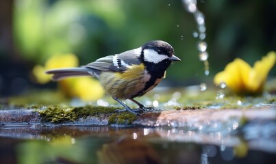 Obraz premium Great tit (Parus major) in a puddle after the rain 