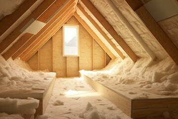 Attic insulated with recycled paper cellulose. Generative AI