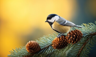Blue tit tit on a fir branch with cones in the autumn forest.