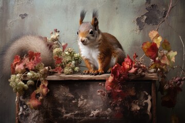  a squirrel sitting on top of a wooden table next to a bunch of flowers and a squirrel sitting on top of a wooden table next to a bunch of flowers.