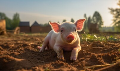 Cute little piglet on a farm at sunset. Concept of agriculture and farming.