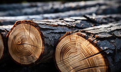Pile of cut tree trunks in forest, closeup view