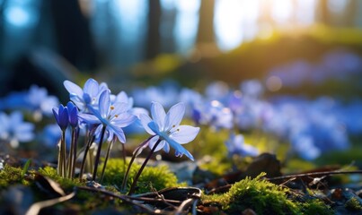 Blue crocus flowers in the forest. Early spring. Nature background