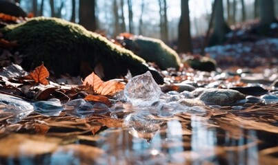 Fototapeta premium Fallen leaves in the ice on the river in the winter forest