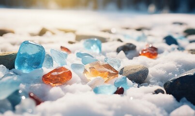 Colorful stones in the snow on the shore of the lake.
