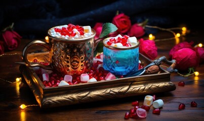 Hot chocolate with pomegranate and marshmallows on wooden background.