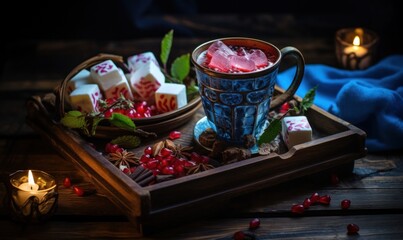 Naklejka na ściany i meble Hot chocolate with pomegranate and marshmallows on wooden background.