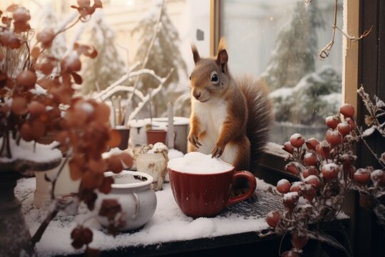  a squirrel sitting on a window sill with a cup of coffee in front of it and a potted plant in the foreground with snow on the window sill.