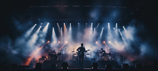 Musician silhouette performing on stage with drum set and lights. Live concert and entertainment. Banner. - obrazy, fototapety, plakaty